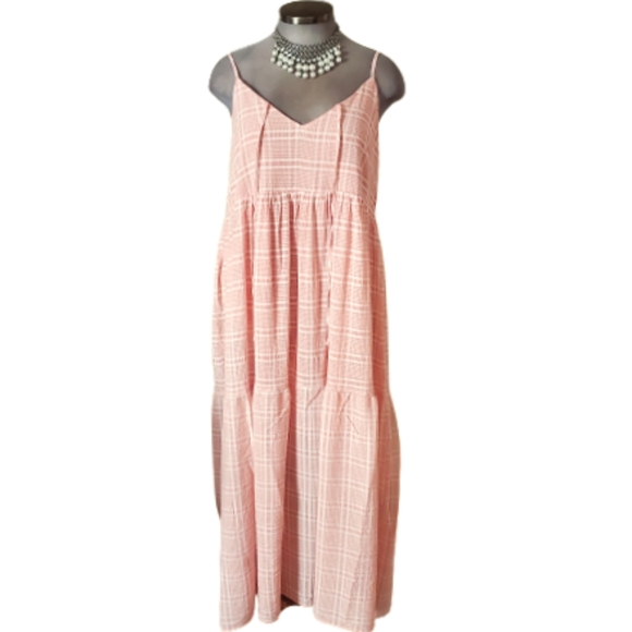 PALE PEACH PLAID ☆ TIERED MAXI DRESS ☆ NWT - Picture 2 of 10